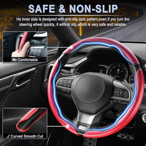 Amiss 3pcs Carbon Fiber Anti-Skid Steering Wheel Cover, Segmented & Butterfly Design, Universal 99% Car Wheel Cover Protector, Red - Image 3