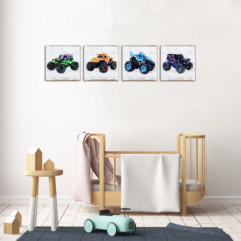 YOOOAHU Monster Truck Room Wall Decor for Boys Bedroom Rustic Monster Truck Canvas Painting Kids Wall Art Watercolor Car Posters Vehicle Pictures Prints Artwork Teens Baby Nursery Playroom Birthday Gift - Image 5