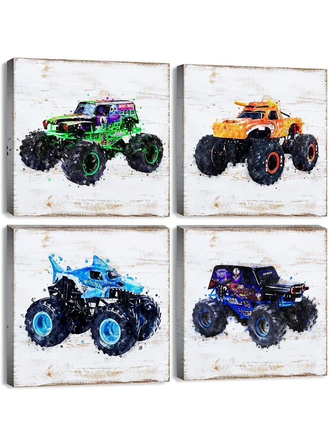 YOOOAHU Monster Truck Room Wall Decor for Boys Bedroom Rustic Monster Truck Canvas Painting Kids Wall Art Watercolor Car Posters Vehicle Pictures Prints Artwork Teens Baby Nursery Playroom Birthday Gift - Image 1
