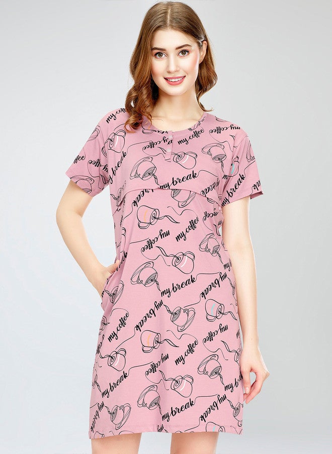 Zeyo Typography Printed Pure Cotton Maternity T-shirt Nightdress - Image 2