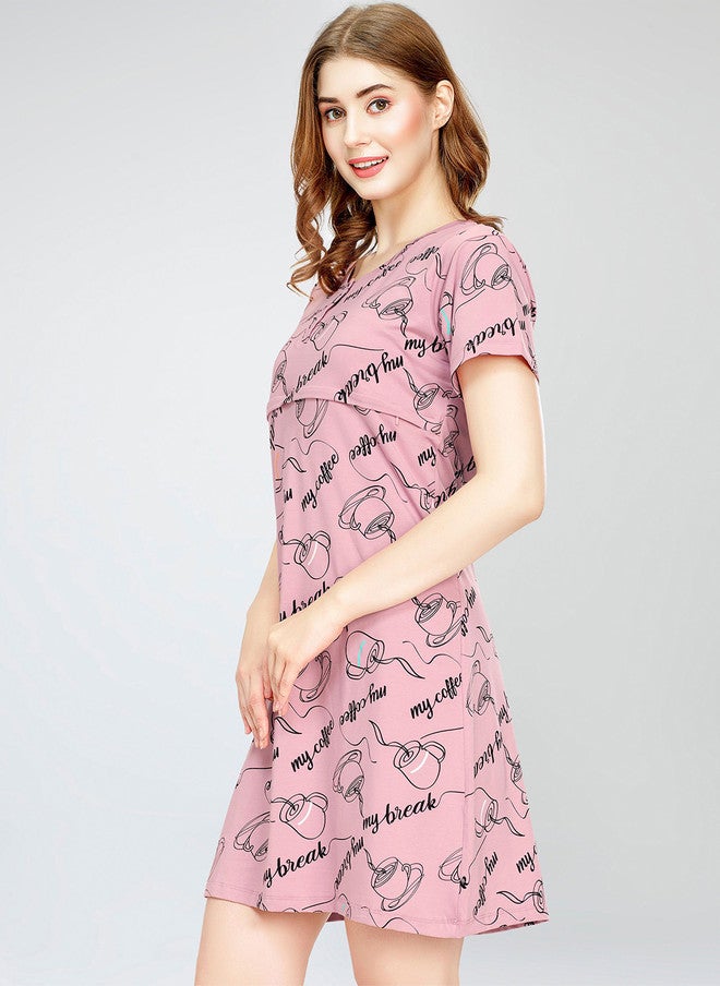Zeyo Typography Printed Pure Cotton Maternity T-shirt Nightdress - Image 4