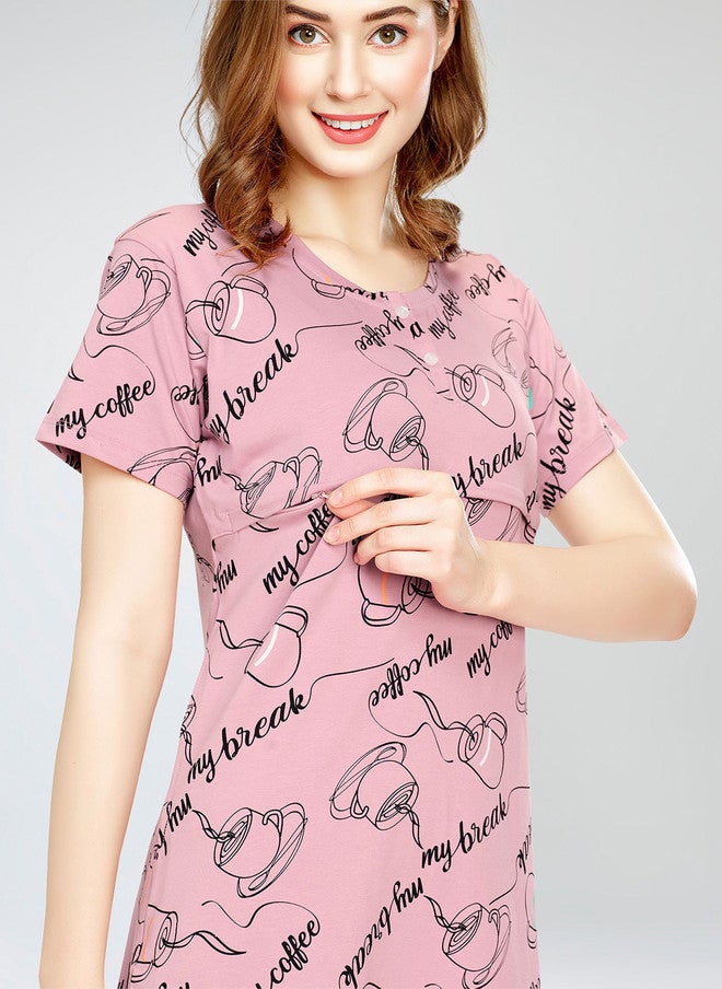 Zeyo Typography Printed Pure Cotton Maternity T-shirt Nightdress - Image 3