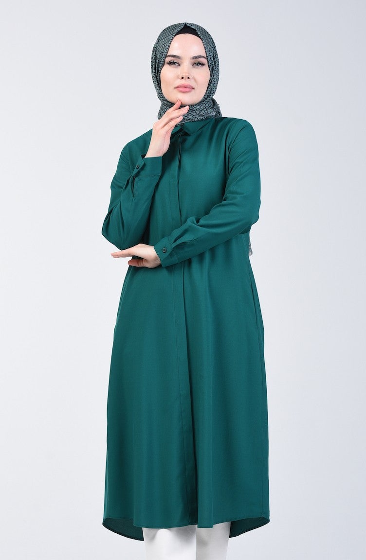 Sefa Merve Pocket Hidden Placket Viscose Tunic 6435-09 Emerald Green  - Image 1