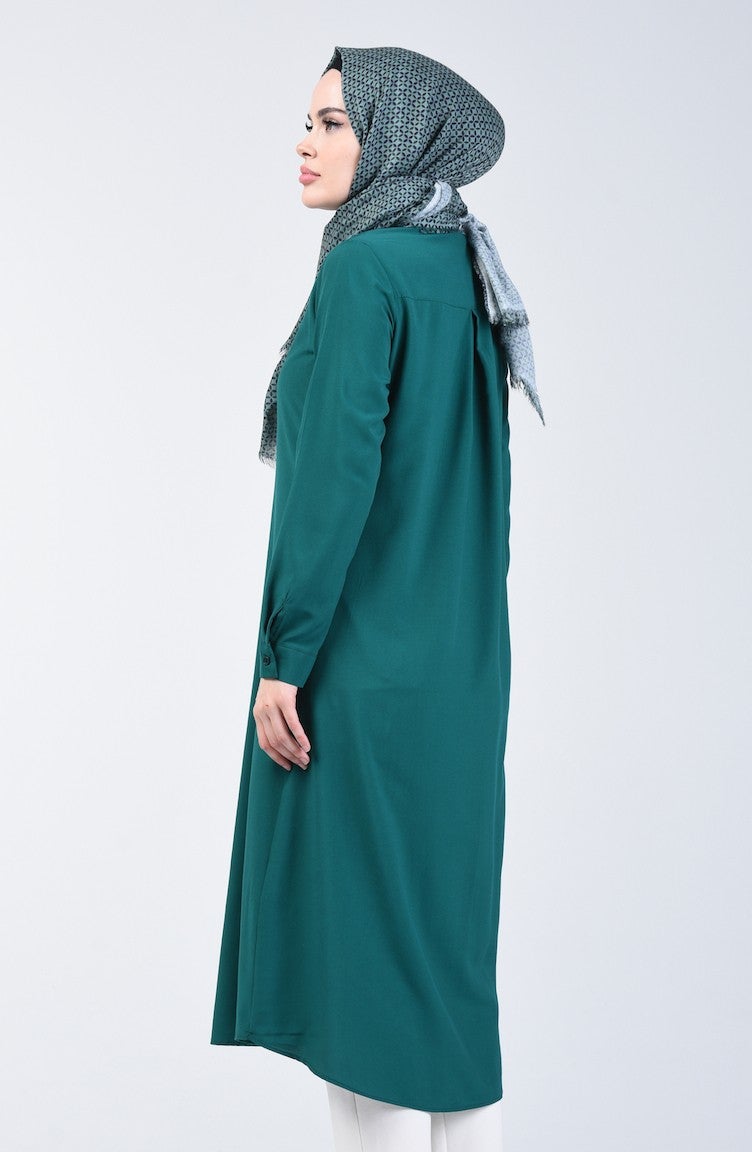 Sefa Merve Pocket Hidden Placket Viscose Tunic 6435-09 Emerald Green  - Image 3