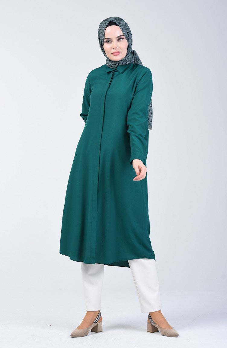 Sefa Merve Pocket Hidden Placket Viscose Tunic 6435-09 Emerald Green  - Image 2