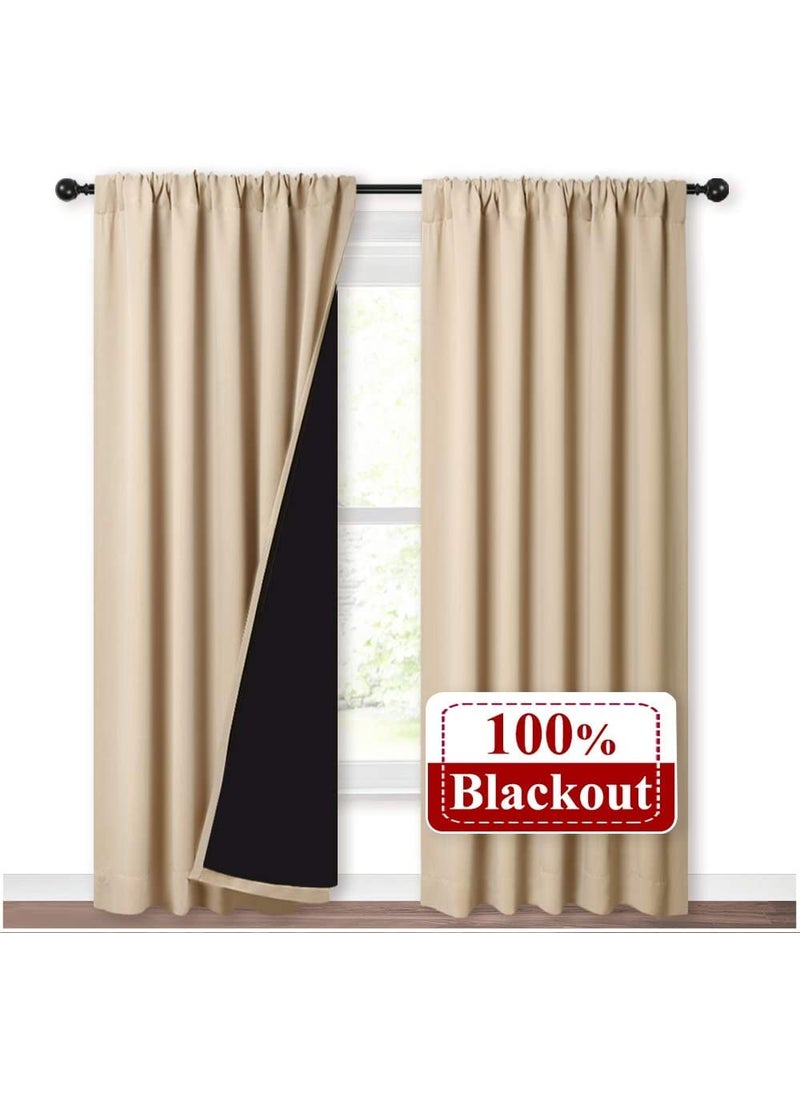 BFAM BFAM Store presents100 Blackout Curtains for Bedroom with Black Liner Double Layer Full Room Darkening Noise Reducing Rod Pocket Curtain 2 PC Premium Segment Beige 7 FT Long  - Image 1