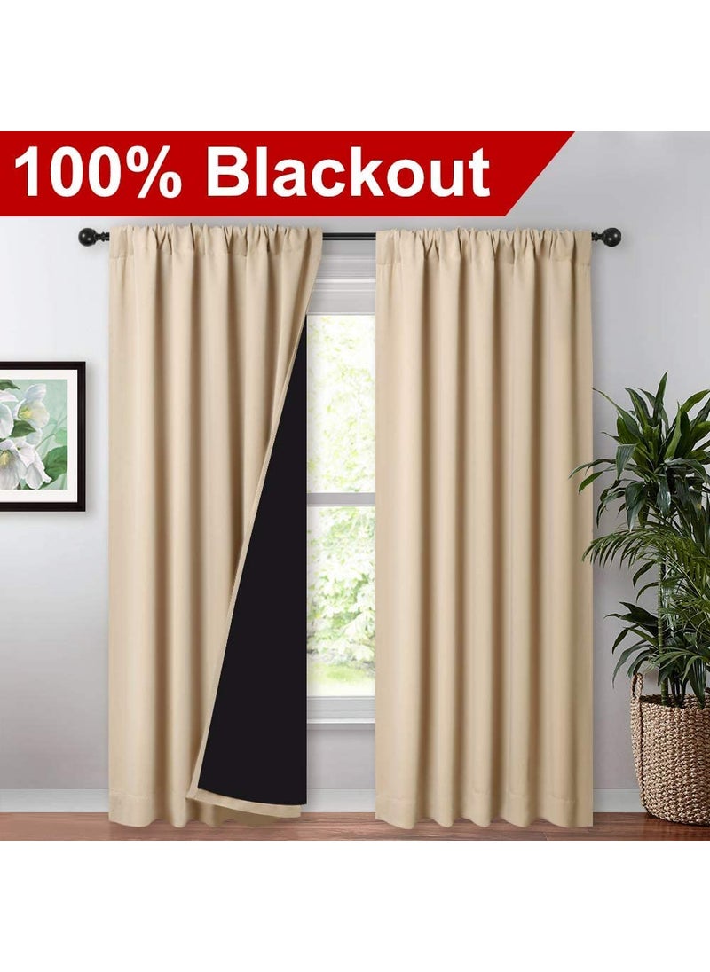 BFAM BFAM Store presents100 Blackout Curtains for Bedroom with Black Liner Double Layer Full Room Darkening Noise Reducing Rod Pocket Curtain 2 PC Premium Segment Beige 7 FT Long  - Image 2