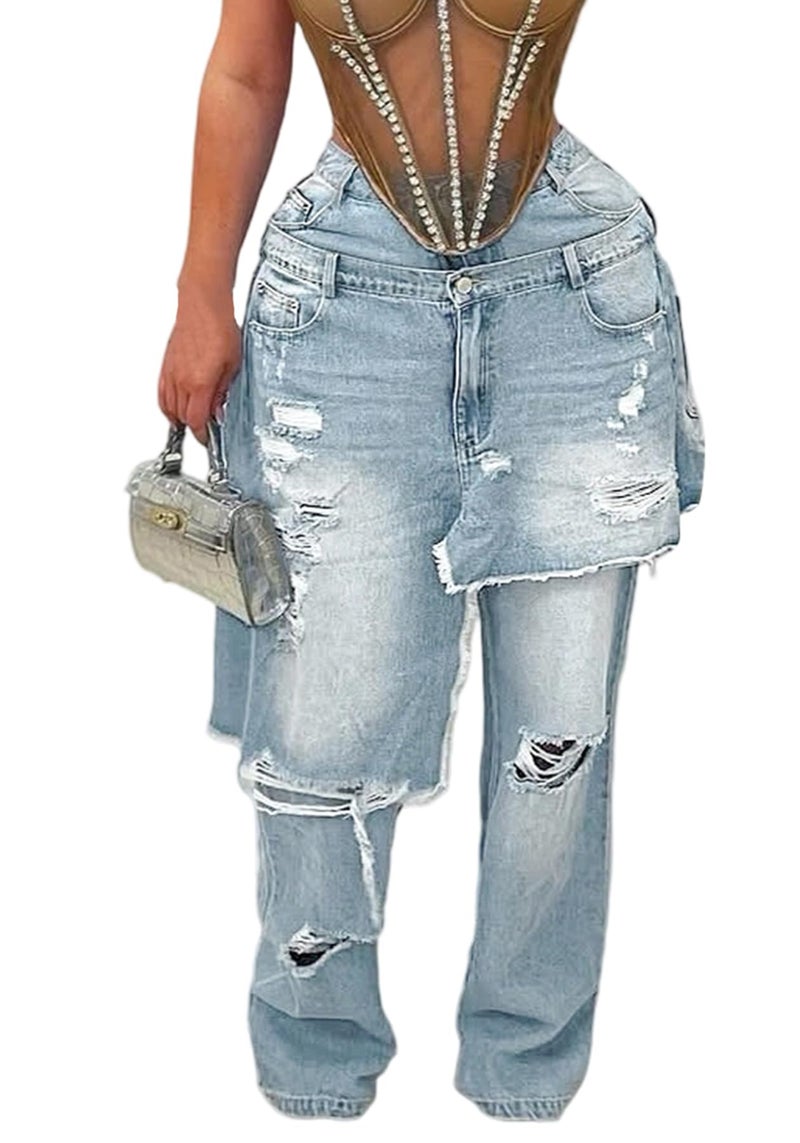 LKOUS Women's Ripped Baggy Jeans High Waist Wide Leg Patchwork Distressed Cutout Stretchy Denim Pants Streetwear Light Blue - Image 1