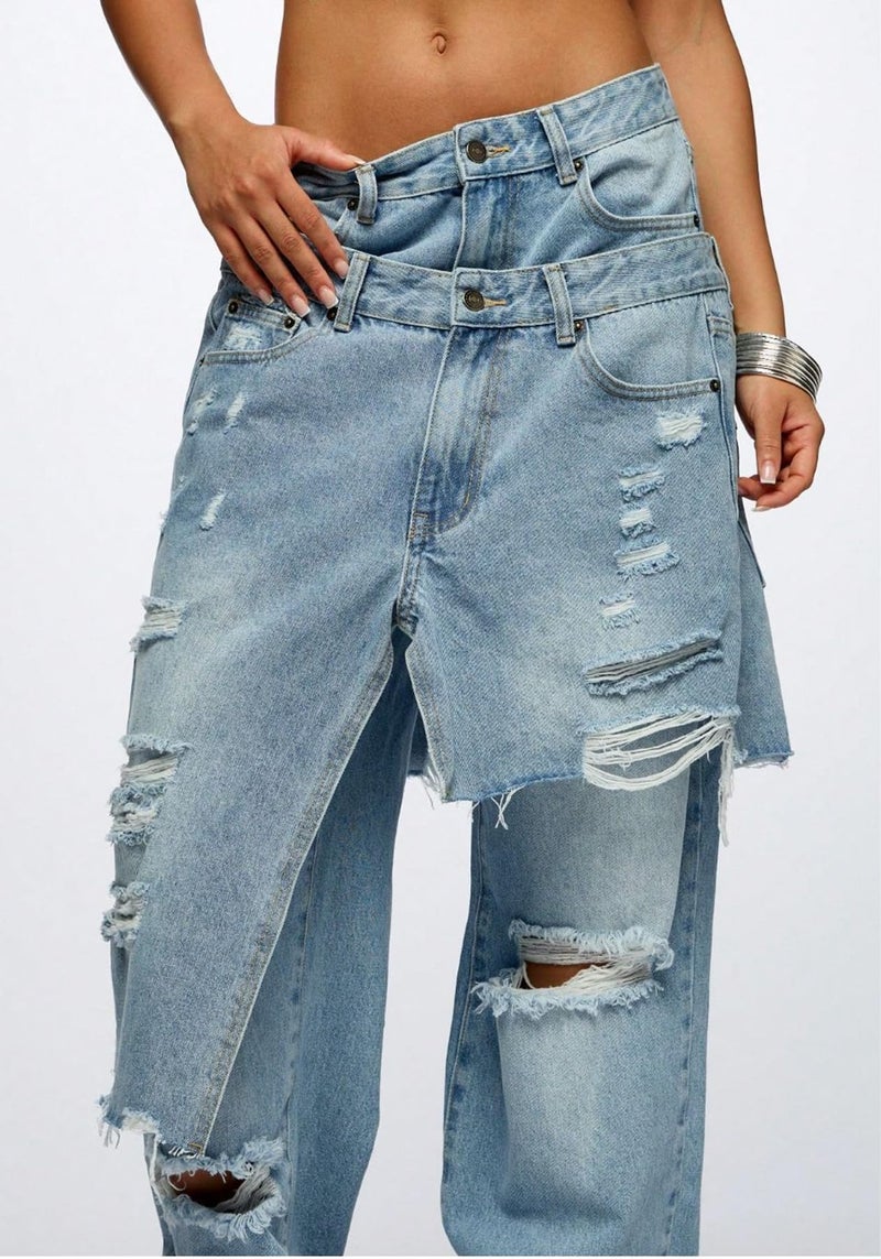 LKOUS Women's Ripped Baggy Jeans High Waist Wide Leg Patchwork Distressed Cutout Stretchy Denim Pants Streetwear Light Blue - Image 4