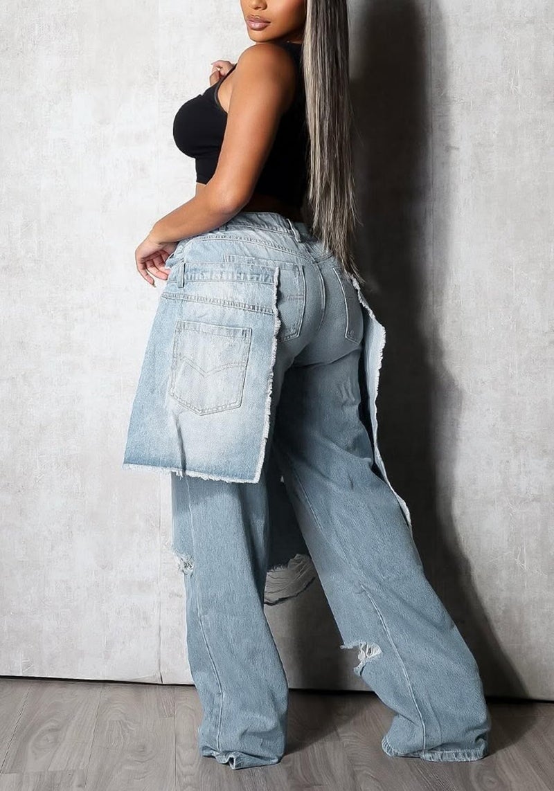 LKOUS Women's Ripped Baggy Jeans High Waist Wide Leg Patchwork Distressed Cutout Stretchy Denim Pants Streetwear Light Blue - Image 3