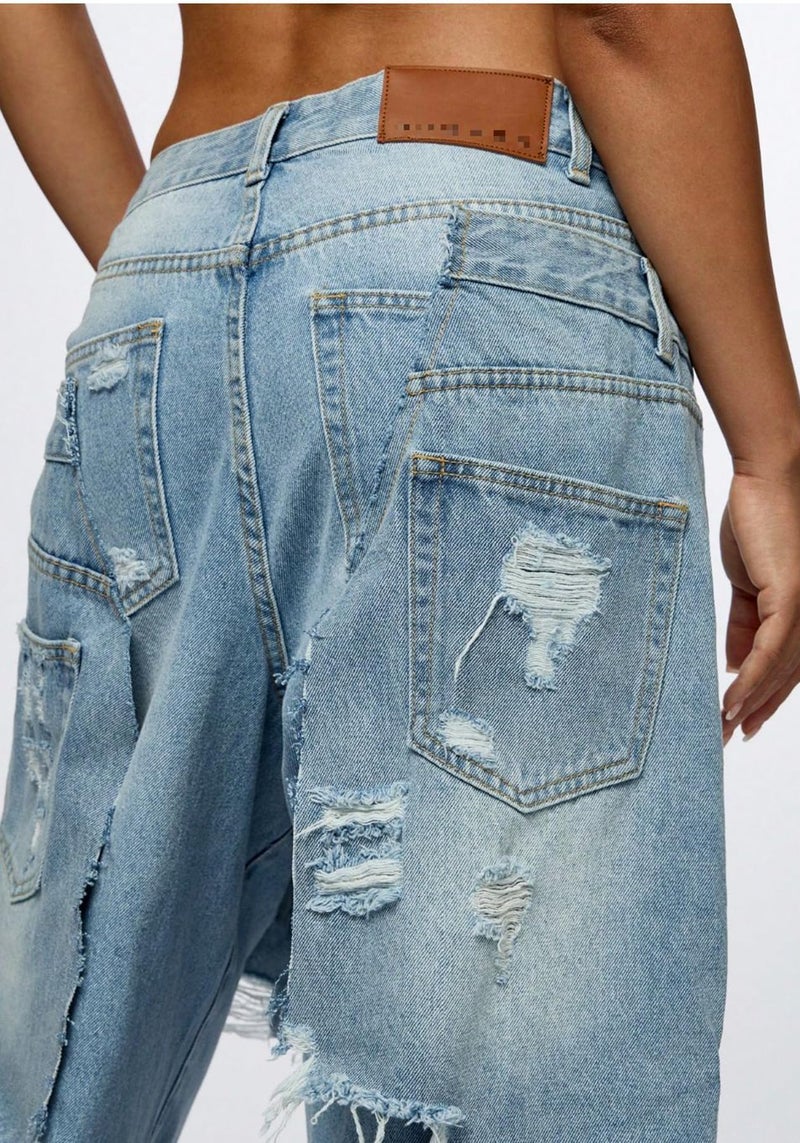 LKOUS Women's Ripped Baggy Jeans High Waist Wide Leg Patchwork Distressed Cutout Stretchy Denim Pants Streetwear Light Blue - Image 2