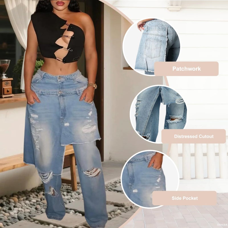 LKOUS Women's Ripped Baggy Jeans High Waist Wide Leg Patchwork Distressed Cutout Stretchy Denim Pants Streetwear Light Blue - Image 5