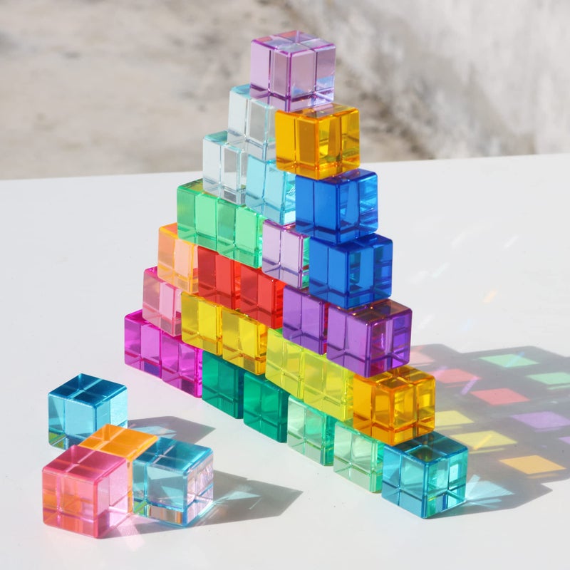KOAICS Rainbow Crystal Acrylic Cubes Children Learning Color Light Shadow Toy, Stacking Gem Blocks Sensory Building Blocks for Kids(32PCS)â€¦ - Image 1
