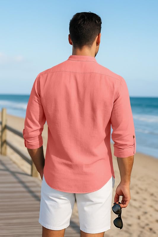 Macsivo Men's Cotton Blend Solid Short Kurta with Mandarin Collared Full Sleeve Drawstring Stylish Straight Length | Kurta for Men Stylish Peach - Image 3