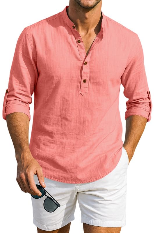 Macsivo Men's Cotton Blend Solid Short Kurta with Mandarin Collared Full Sleeve Drawstring Stylish Straight Length | Kurta for Men Stylish Peach - Image 1