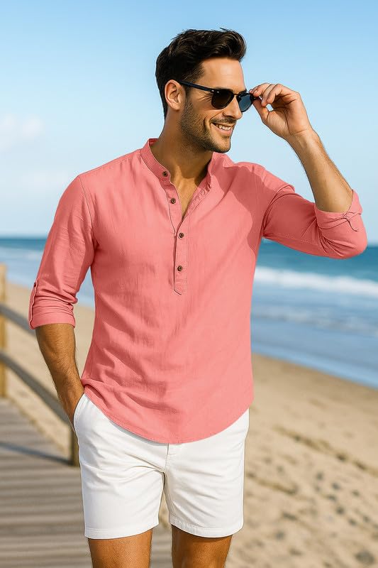 Macsivo Men's Cotton Blend Solid Short Kurta with Mandarin Collared Full Sleeve Drawstring Stylish Straight Length | Kurta for Men Stylish Peach - Image 4
