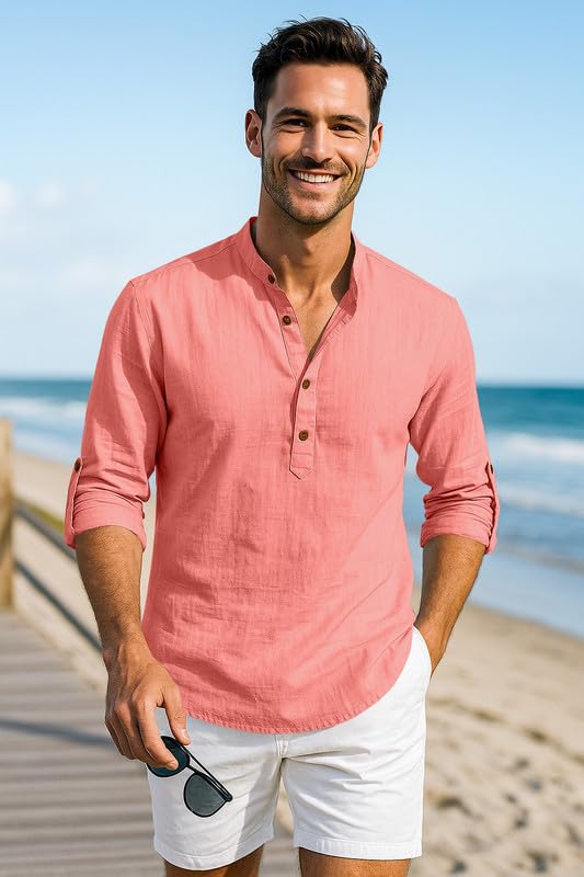 Macsivo Men's Cotton Blend Solid Short Kurta with Mandarin Collared Full Sleeve Drawstring Stylish Straight Length | Kurta for Men Stylish Peach - Image 2