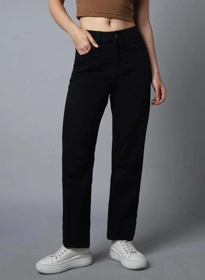 HIGH STAR Women's Black 100% Cotton Solid Pattern Full Length Straight Fit Jeans