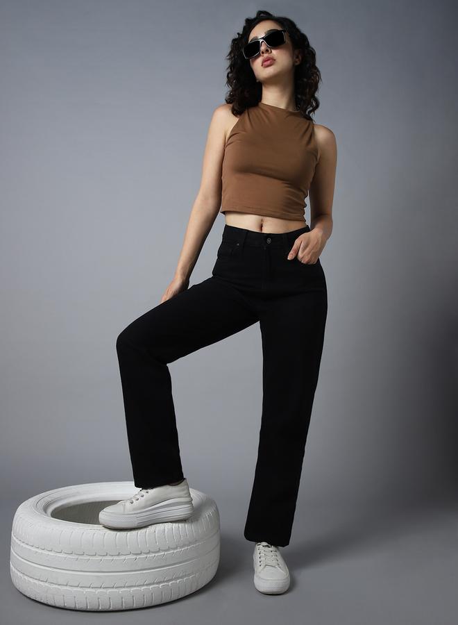 HIGH STAR Women's Black 100% Cotton Solid Pattern Full Length Straight Fit Jeans - Image 1