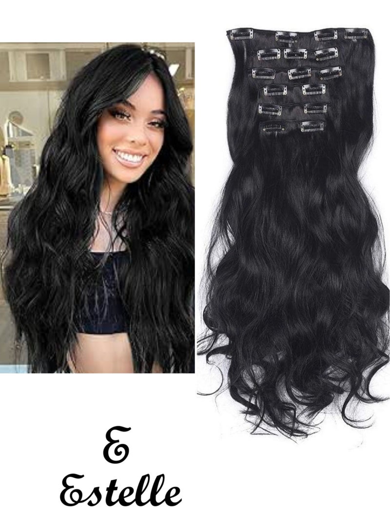 Estelle Clip in Hair Extensions for Women Fiber Hairpieces Thick Clip on Plastic Hair Extensions with Invisible Clips for lady 6 Pieces Dark Black - Image 1