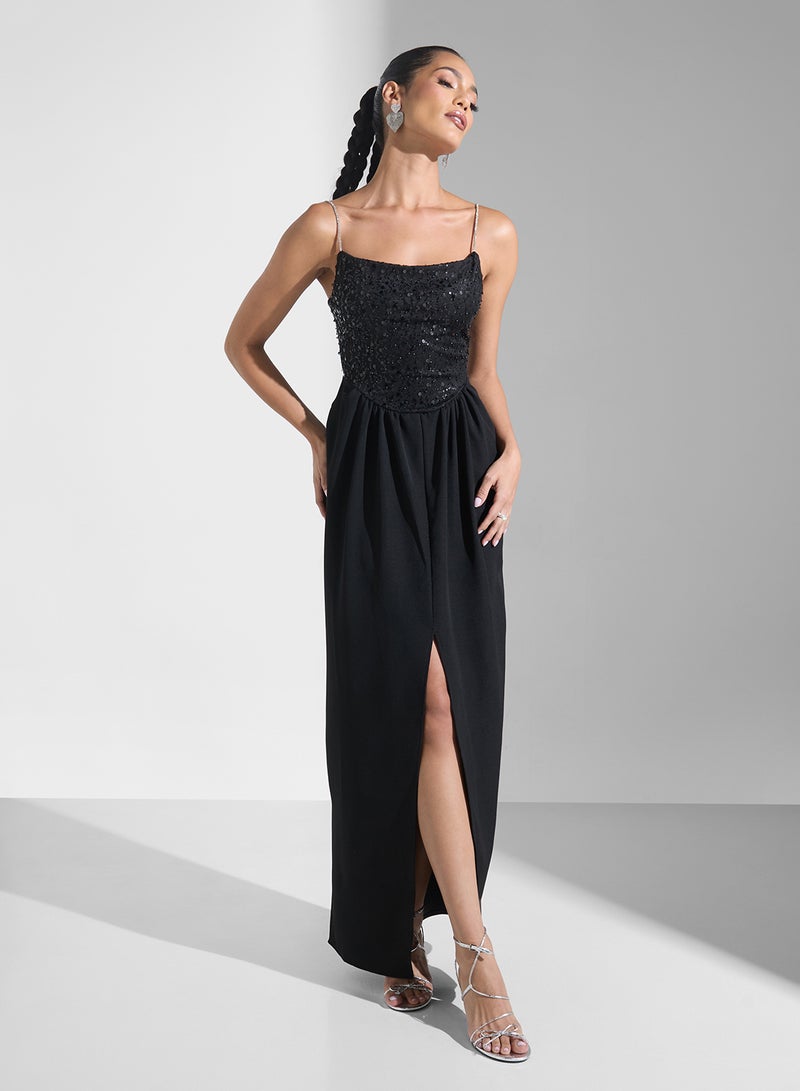 Namshi x Sequin Bodice Slit Dress - Image 1