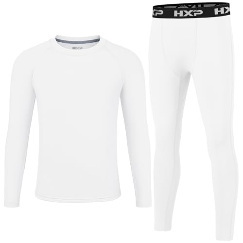 HXP Boys Compression Thermal Base Layer Set, Athletic Youth Fleece Lined Long Sleeve Sports Tops Leggings for Kids White M - Image 1