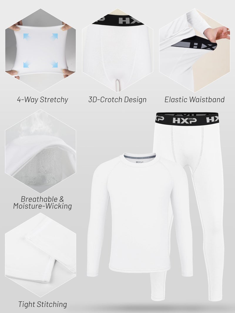 HXP Boys Compression Thermal Base Layer Set, Athletic Youth Fleece Lined Long Sleeve Sports Tops Leggings for Kids White M - Image 3