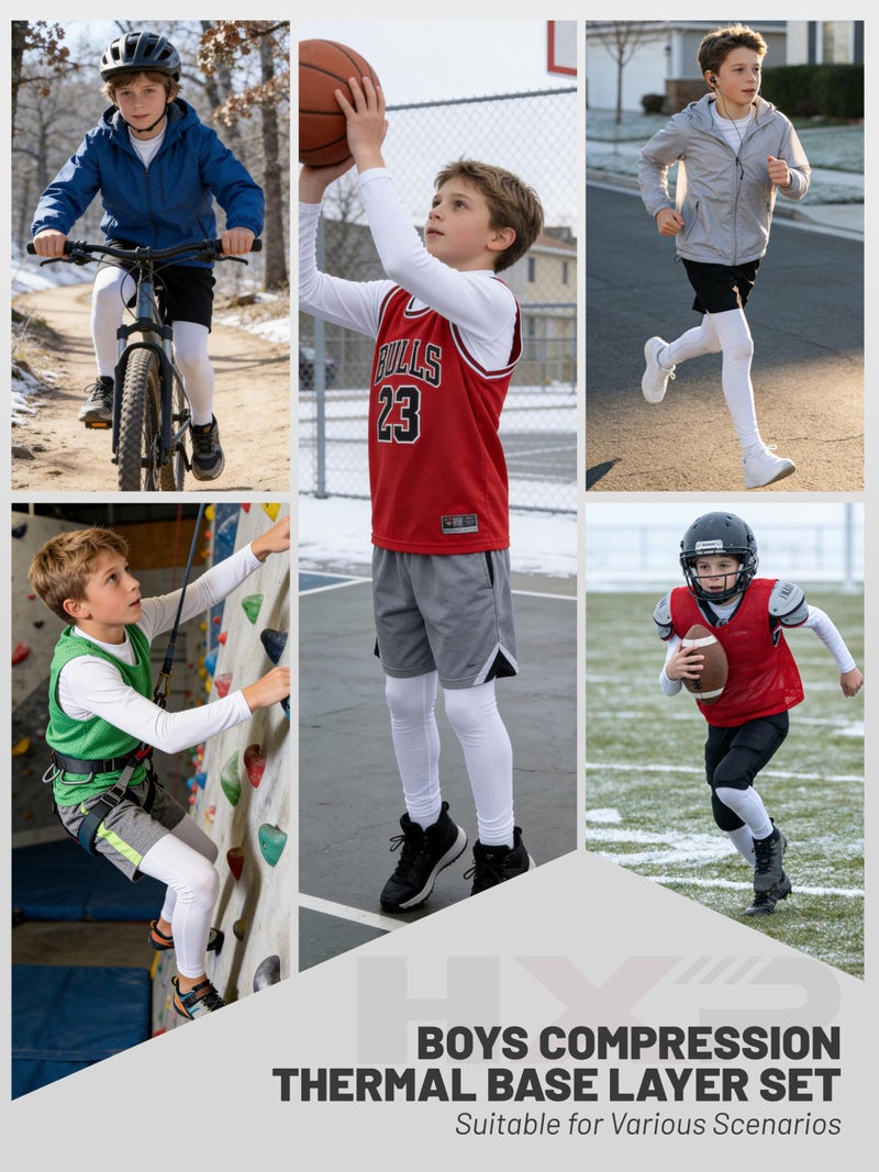 HXP Boys Compression Thermal Base Layer Set, Athletic Youth Fleece Lined Long Sleeve Sports Tops Leggings for Kids White M - Image 5