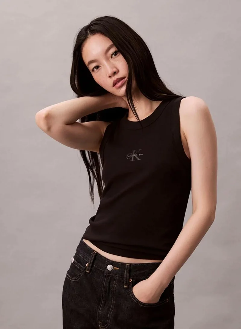 Calvin Klein Black CK Monogram Logo Ribbed Tank Top for Women | Best Price UAE