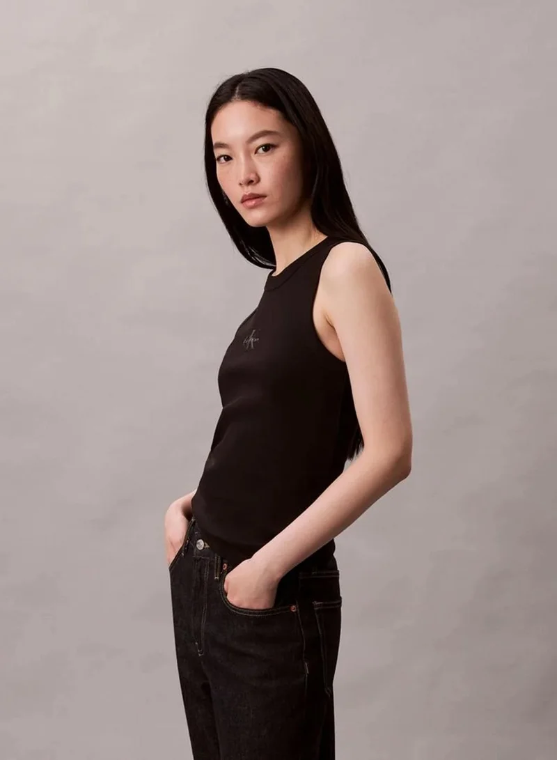 Calvin Klein Black CK Monogram Logo Ribbed Tank Top for Women | Best Price UAE