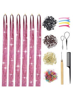 Hair Tinsel Kit With Tools Pink Tinsel Hair Extensions 6Pcs 1200 Strands Fairy Hair Tinsel Heat Resistant Glitter Hair Extensions Sparkling Shiny Hair Tensile For Women (Pink 6Pcs)