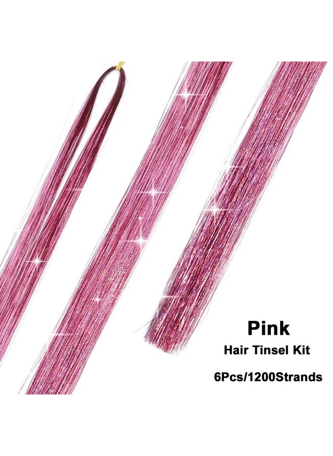 USHUIUS - Hair Tinsel Kit With Tools Pink Tinsel Hair Extensions 6Pcs 1200 Strands Fairy Hair Tinsel Heat Resistant Glitter Hair Extensions Sparkling Shiny Hair Tensile For Women (Pink 6Pcs) - Image 1