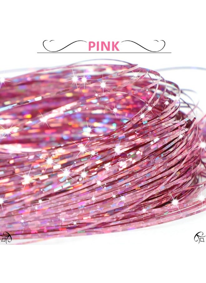 USHUIUS - Hair Tinsel Kit With Tools Pink Tinsel Hair Extensions 6Pcs 1200 Strands Fairy Hair Tinsel Heat Resistant Glitter Hair Extensions Sparkling Shiny Hair Tensile For Women (Pink 6Pcs) - Image 1
