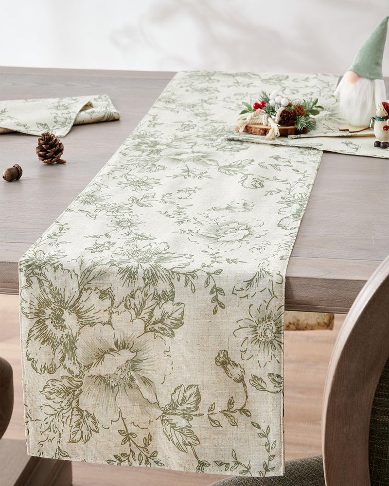 jinchan Floral Linen Table Runner for Kitchen Farmhouse Table Cloth with Sage Flower Print 13 x 108 Inch Beige Linen Blend Cloth for Kitchen Dining Table Indoor Outdoor Decor 1 Panel - Image 2