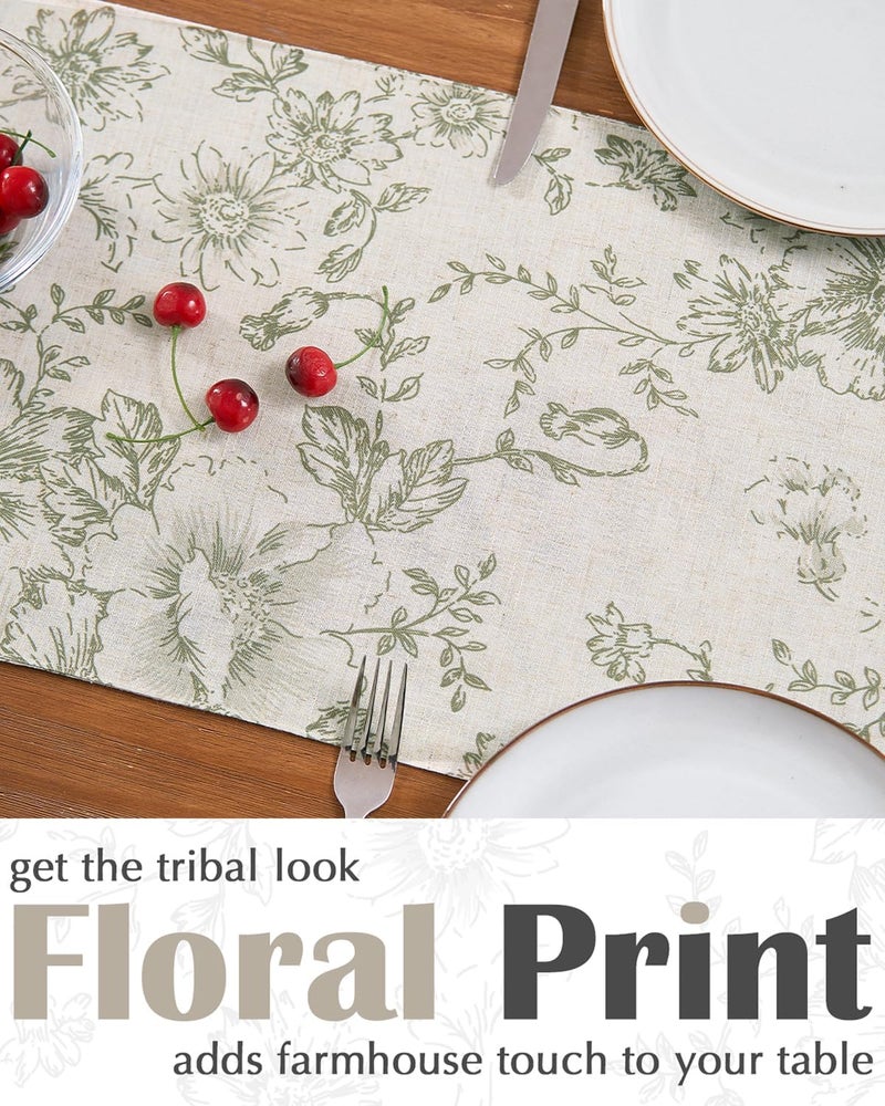 jinchan Floral Linen Table Runner for Kitchen Farmhouse Table Cloth with Sage Flower Print 13 x 108 Inch Beige Linen Blend Cloth for Kitchen Dining Table Indoor Outdoor Decor 1 Panel - Image 3