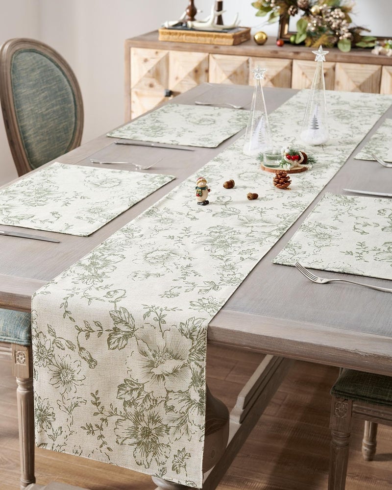 jinchan Floral Linen Table Runner for Kitchen Farmhouse Table Cloth with Sage Flower Print 13 x 108 Inch Beige Linen Blend Cloth for Kitchen Dining Table Indoor Outdoor Decor 1 Panel - Image 1
