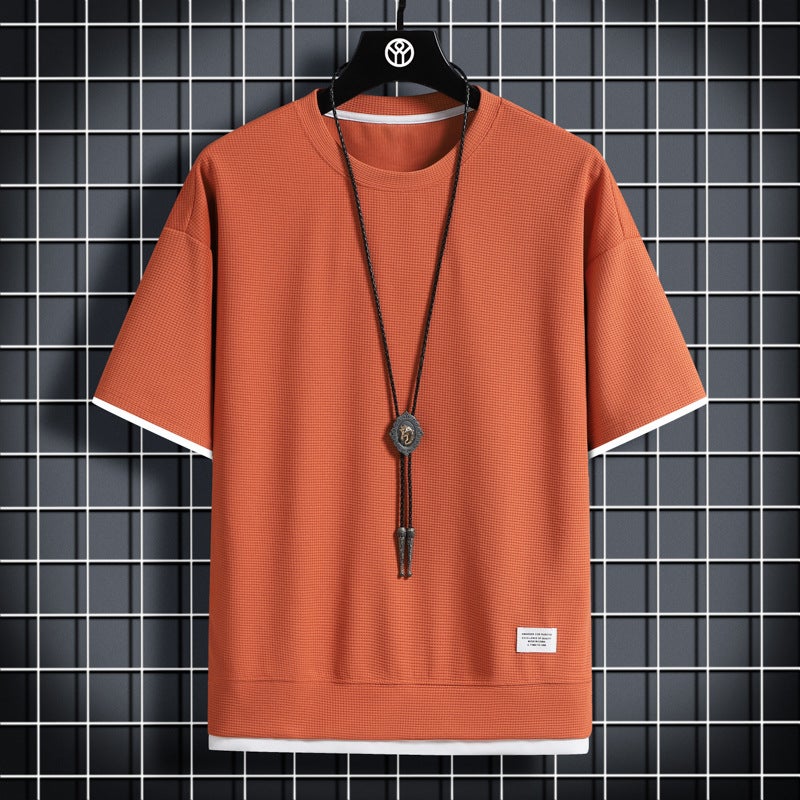 Summer waffle T-shirt mens fake two-piece loose half-sleeve T-shirt ice silk thin round neck short-sleeve T-shirt jacket thin H2103 Orange 