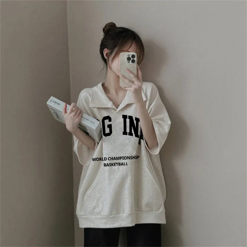 Factory Polo Collar Short Sleeve Half Sleeve Top Foreign Style Age Reducing Letters Tide Brand Korean Knot Design Feeling T-Shirt For Men And Women - Image 2