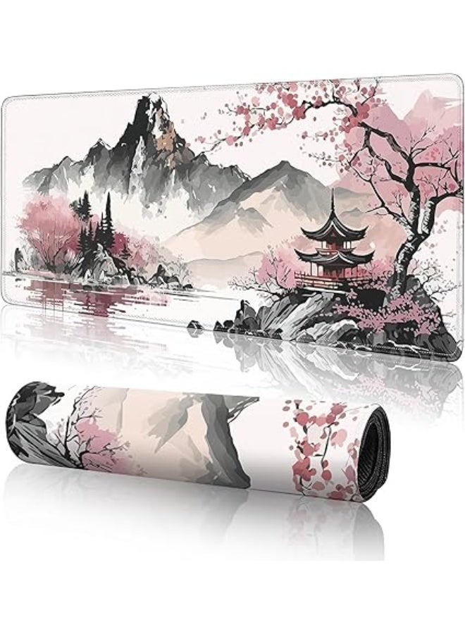 Watercolor Cherry Blossom Large Gaming Mouse Pad, 31.5 x 11.8 in Mouse Mat, Desk Pad, Large Desk Mat, Extended Keyboard Mousepad, with Non-Slip Base and Stitched Edge, for Desk Home Office - Image 1