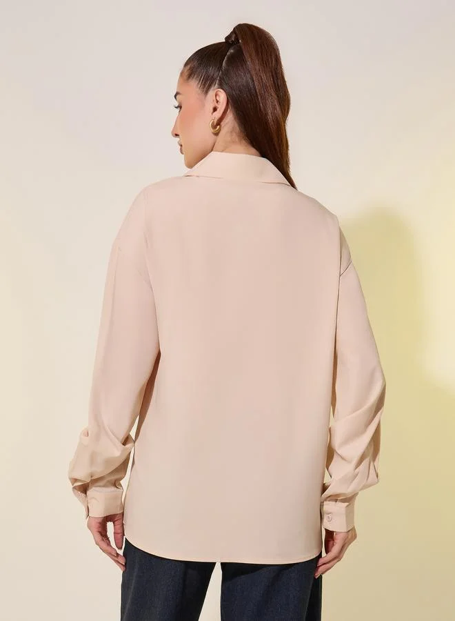 Take Two Beige Solid Long Sleeve Wrap Shirt