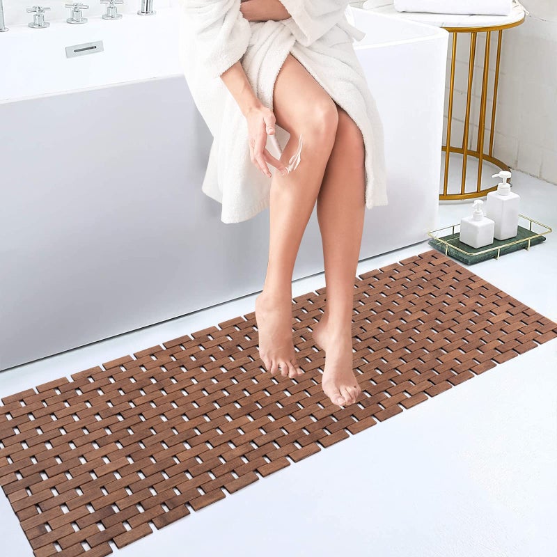 Fovlaurs Bath Mat Bathroom Runner Long Large Rugs Floor Wood Shower Bathtub Waterproof Non Slip Accessories 16x48 Inch Easy to Clean Walnut 1 pc
