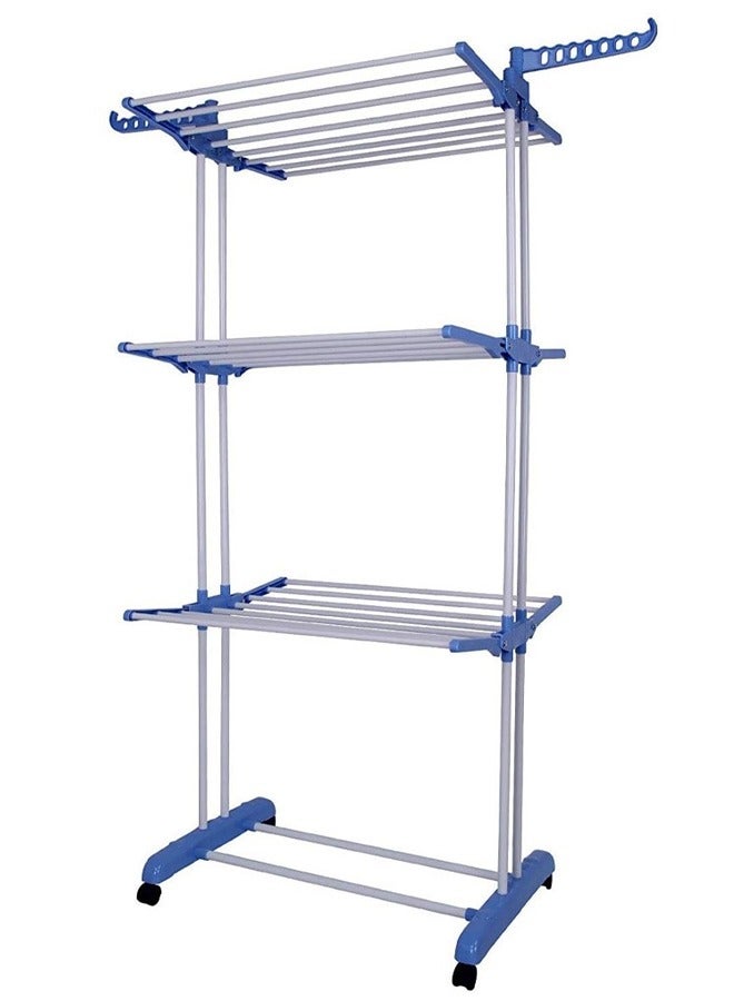 MARGOUN Foldable Clothes Airer with Lockable Wheels Large Capacity Stainless Steel Folding Wings on 3 Drying Levels for Indoor and Outdoor Use / Blue Color - Image 5
