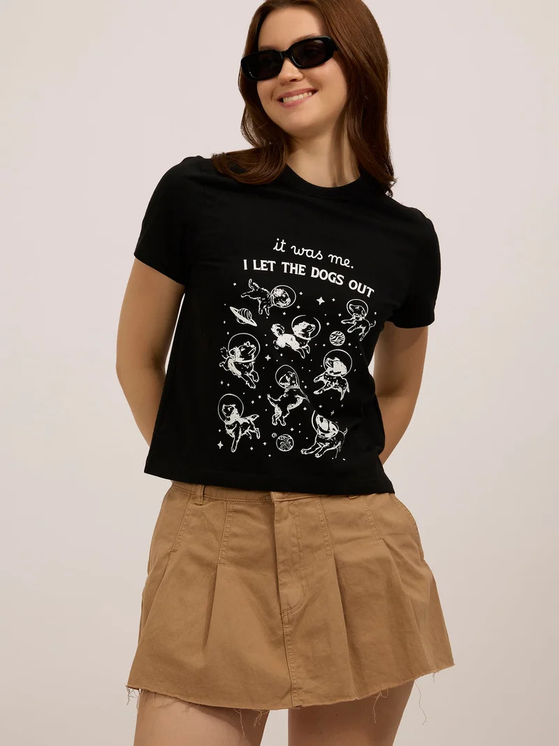 أوجيدر تيشيرت أسود مطبوع عادي