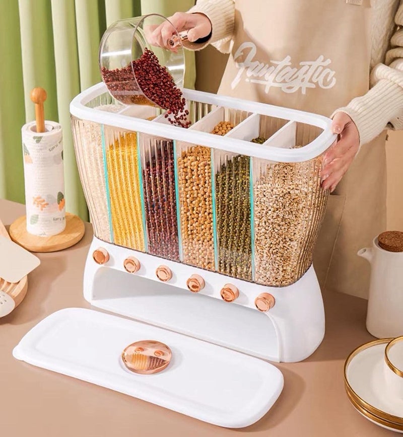 EKYLIP حاوية تخزين الأرز EKYLIP مع موزع طعام 6 شبكات صندوق تنظيم الأرز بالجملة حامل الأرز على المنضدة حافظة للحبوب والفاصوليا والذرة - Image 2