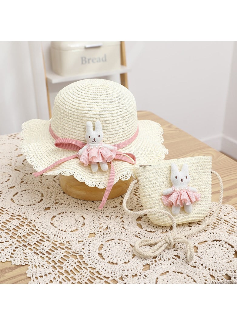 KUYING Children's Cartoon Pink Skirt Little Rabbit Straw Hat Hat Bag Two Piece Set 