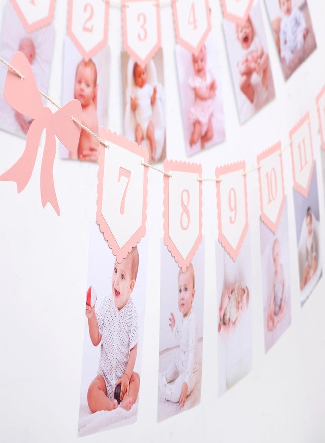 Agkvw Pink Bow Monthly Milestones Photo Banner - Baby Girls Newborn to 12 Months Photo Display, 1st Birthday Photo Banner for Baby Girls, Bow 1st Birthday Decorations - Image 1