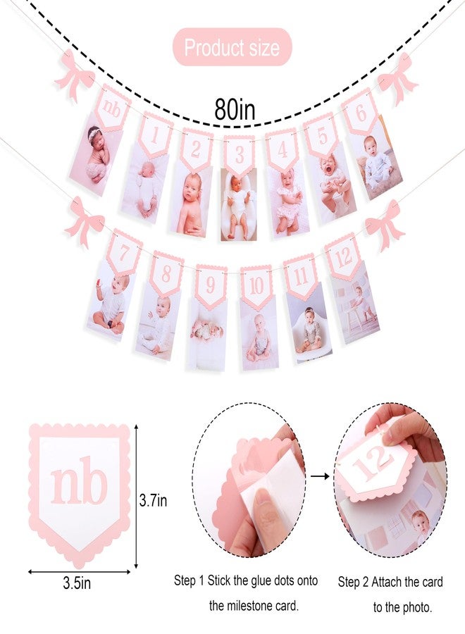 Agkvw Pink Bow Monthly Milestones Photo Banner - Baby Girls Newborn to 12 Months Photo Display, 1st Birthday Photo Banner for Baby Girls, Bow 1st Birthday Decorations - Image 2