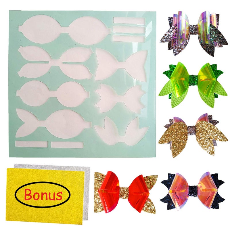 SHUANGART Reusable Faux Leather Bows Making Template4 Kinds of Bow Styles Plastic Cutting Stencil for DIY Add 2 pcs A4 Size Vinyl Fabric Sheets for FreeRandom Colors