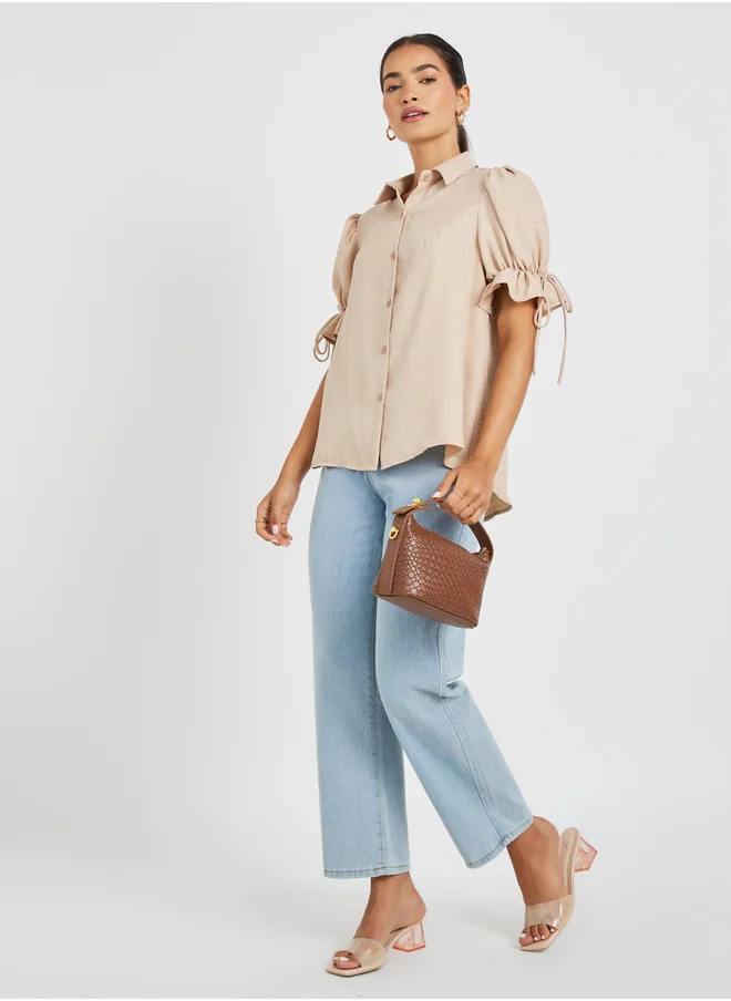 Styli Puff Sleeve Linen Curved Hem Shirt