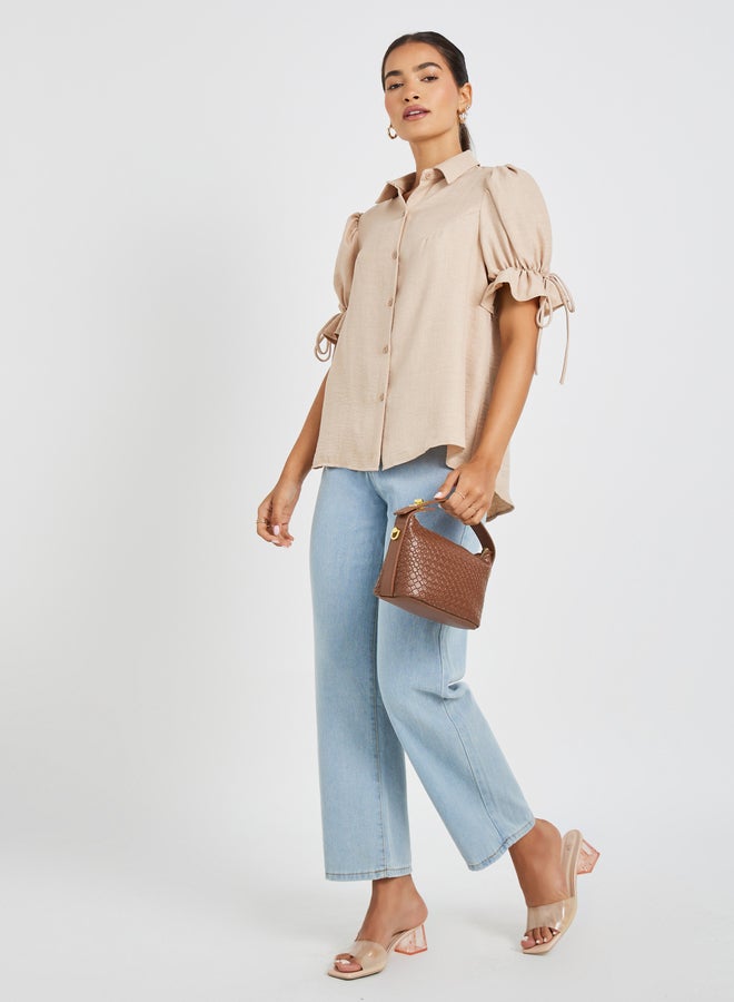 Styli Puff Sleeve Linen Curved Hem Shirt  - Image 2
